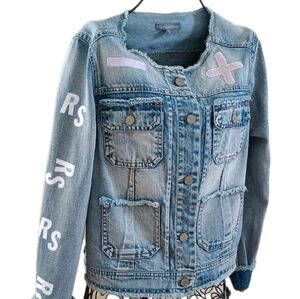 NEW Wit & Wisdom Denim Cropped Jean Jacket Raw Hem Pockets Embroidered Back sz S
